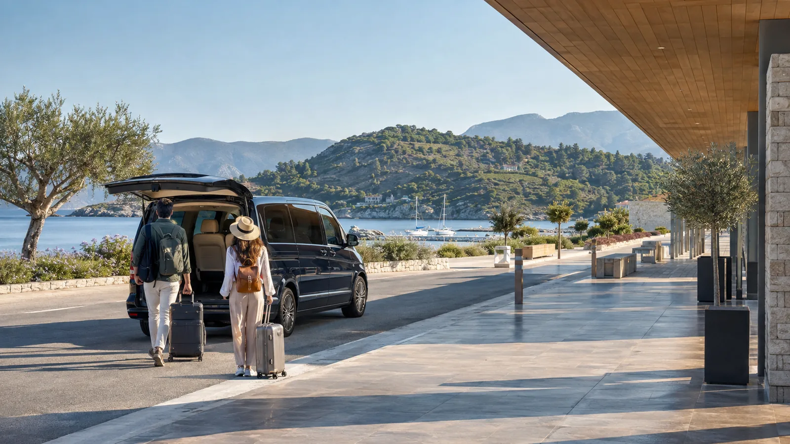 Travelers beginning an airport transfer